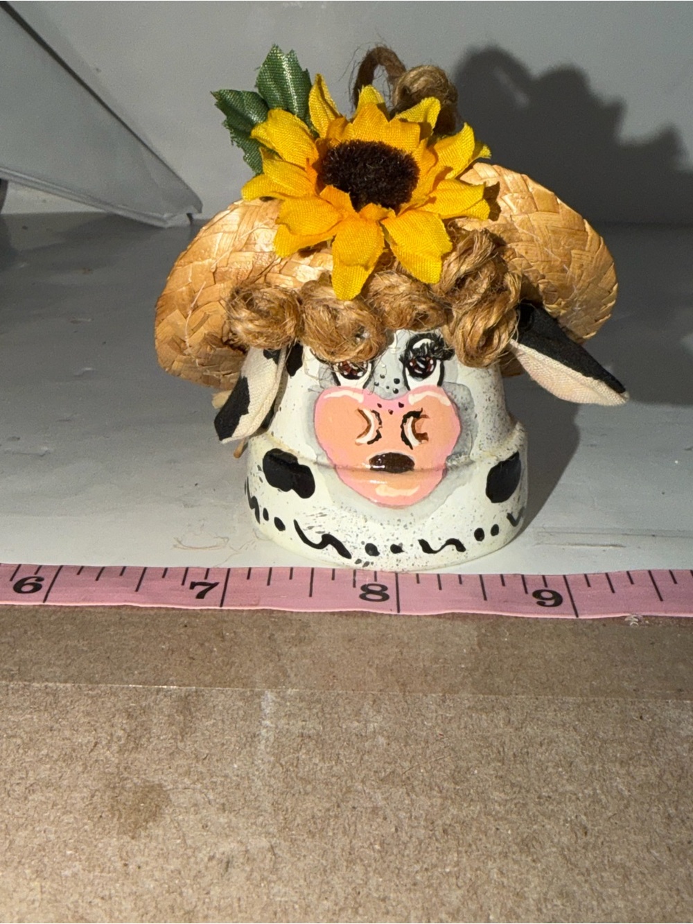 Vintage Hand Painted Clay Pot Bell Ornaments Pig & Cow Sunflower Set